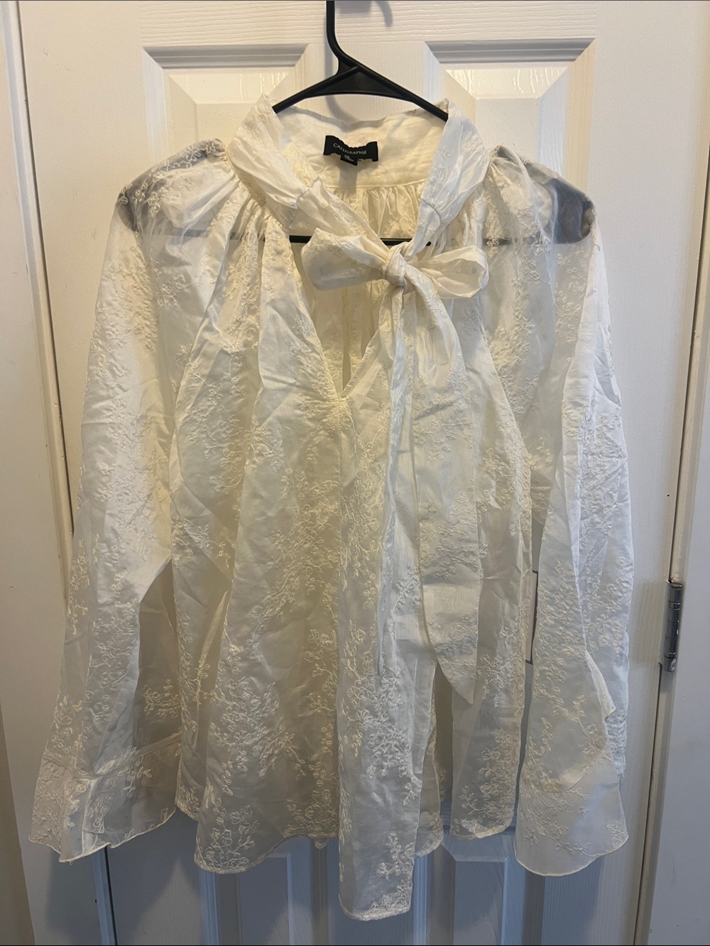 White Tie-Neck Embroidered Blouse - Feminine Women's Top